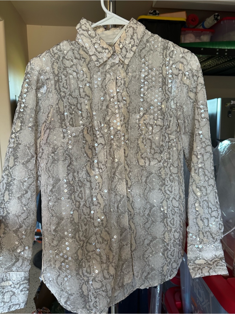 Anthropologie Cream and Gray Sequined Snakeskin Button-Up